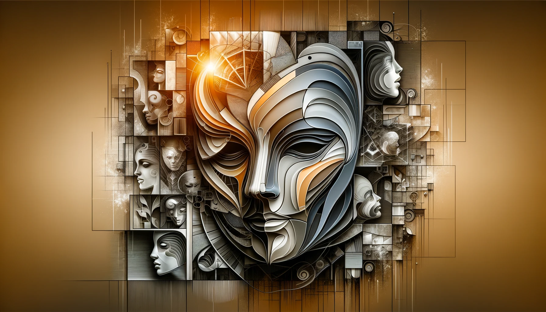 Abstract images on the theme 'Psychology of Deception', Wikonian in gray tones. The painting symbolically depicts masks, shadows and mirrors, which represent the truth and face of human behavior. The composition is arranged in such a way that you can think about the subtle and elusive nature of deception and its psychological aspects